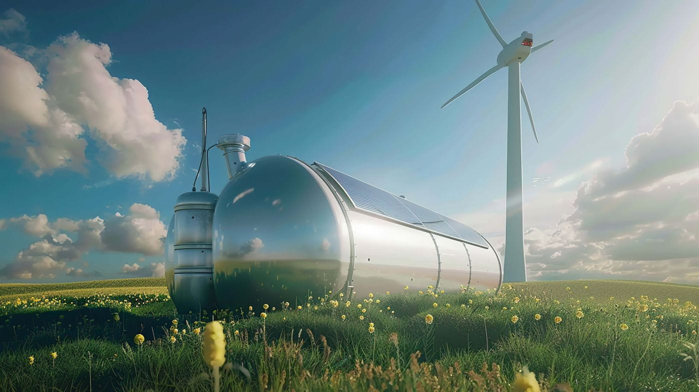 Réservoir de biogaz dans un champ de fleurs, avec éolienne en arrière-plan, illustrant l'énergie renouvelable et la production durable d'énergie verte